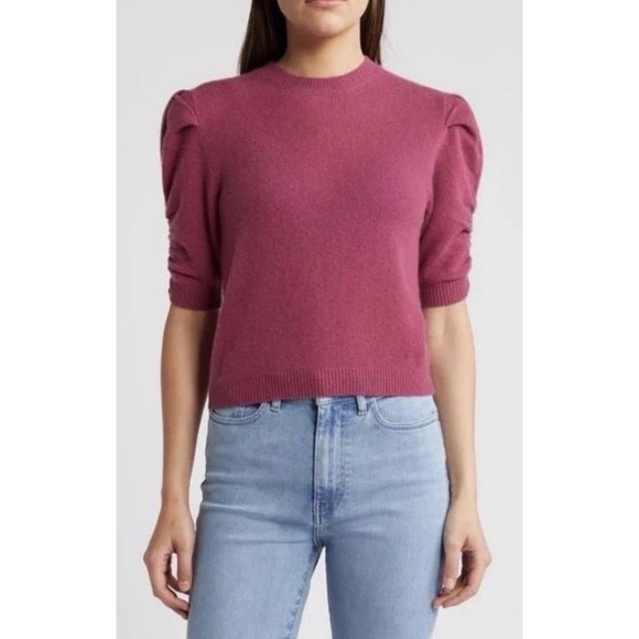 Frame Denim Sweaters - FRAME Ruched Sleeve 100% Cashmere Cropped Sweater in Dragon Fruit Pink Large